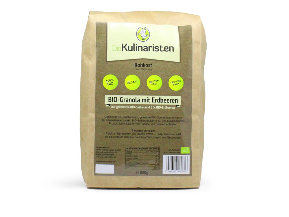 Bio Granola mit gekeimten BIO Saaten und BIO Erdbeeren